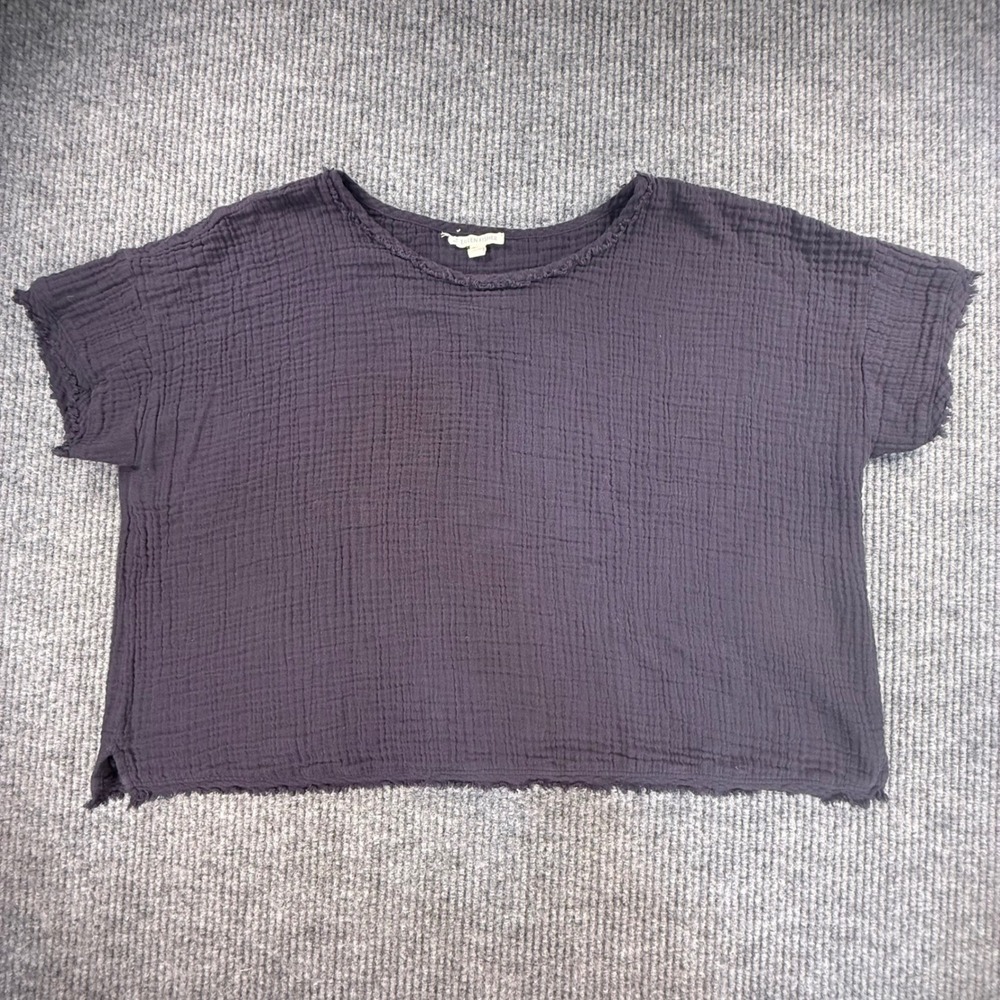 Eileen Fisher gauze tee Large navy blue short sleeve raw hem organic cotton